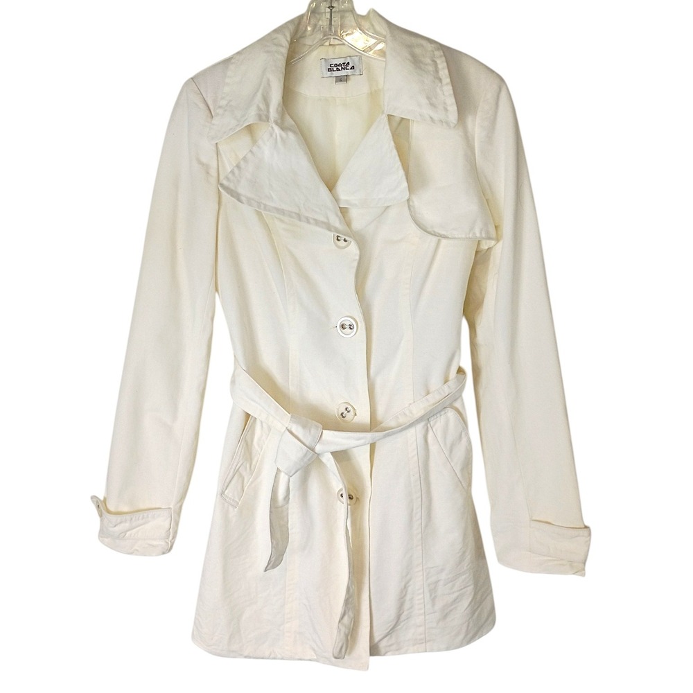 Costa Blanca Womens Cream Belted Trench Coat Size 6 Off White Button Jacket